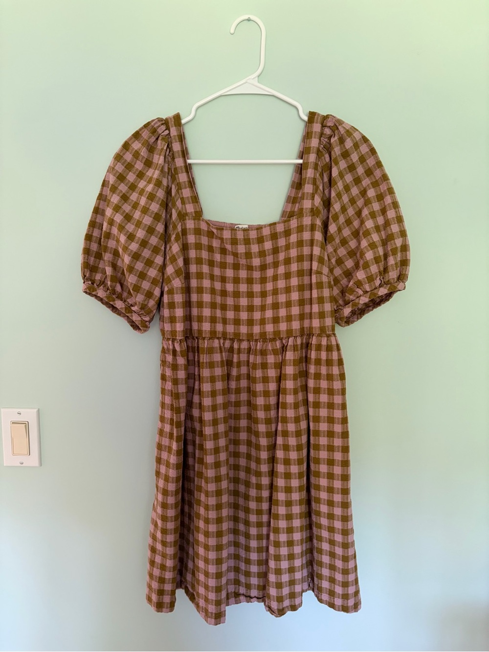Madewell Brown and Pink Gingham Puff-Sleeve Mini Dress - Picture 1 of 3